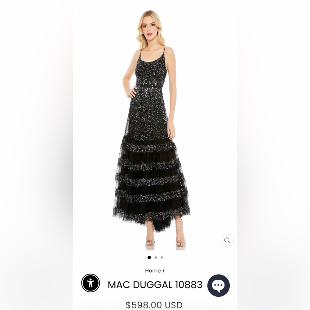 MAC DUGGAL Elegant Black Sequin Tiered Evening Dress SIZE 14